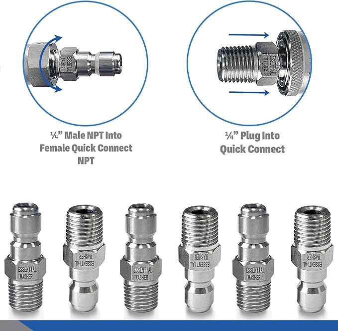 Essential Washer Stainless Steel ¼” Plug Male NPT | Pressure Washer Quick Connect Fittings | 5000 PSI | Set Of 6