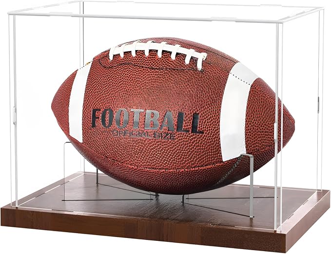 Fitense Football Display Case Acrylic Clear, Football Stand Holder Full Size with Solid Wood Base, UV Protected Football Display Box with Removable for Football Fans & Collectors, Memorabilia & Gift