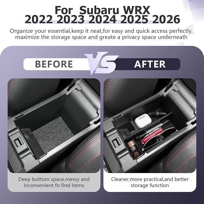 LUWU Center Console Organizer Compatible with 2022-2024 2025 2026 Subaru WRX Accessories Armrest Console Secondary Storage Box Insert Tray ABS Material Black (CVT Automatic Performance Transmission)