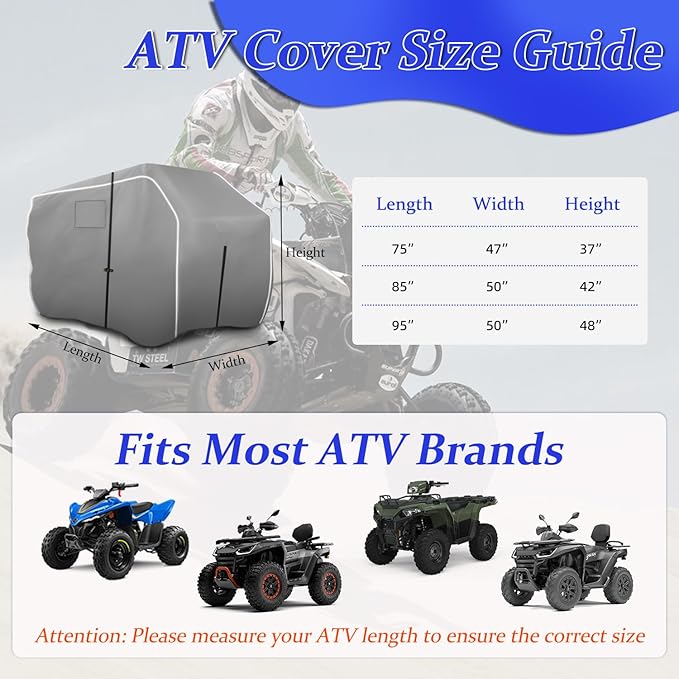 ATV Covers Waterproof Outdoor Heavy Duty, ATV Cover 600D UV Resistant Tear Proof with Windproof Straps Elastic Hem, Universal Quad Cover with Reflective Strips Bag, 95" L * 50" W * 48" H, Gray