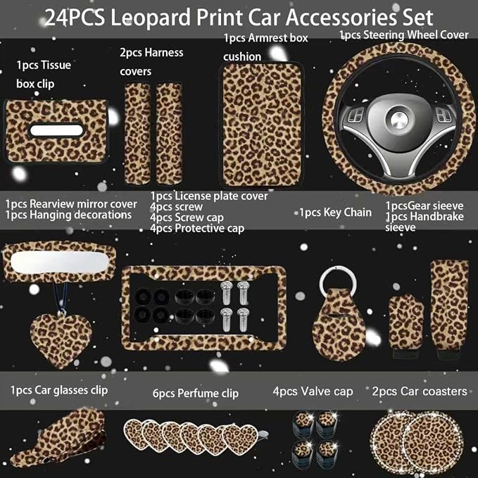 24 Pcs Leopard Print Car Accessories,Including License Plate Frame,Rearview Mirror Decoration,Etc,Suitable for Sedan,SUV and Other,Cute Car Interior Set for Women (Brown)