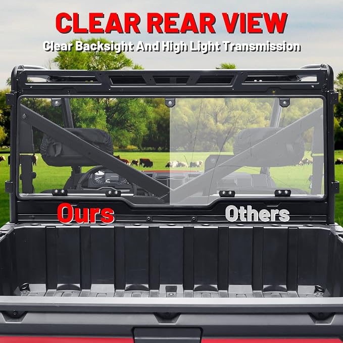 StarknightMT Tool-Less Quick Release Rear Windshield Compatible with 2017-2026 Polaris Ranger XP 1000 / Crew, 1000, 900, Clear PC Back Window with Weather Strip, Rattle-Free