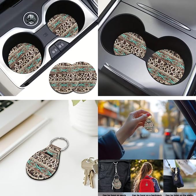 Brown Cow Print 12Pcs Car Seat Covers Full Set Car Seat Belt Cover Steering Wheel Cover Armrest Cushion Cup Coasters and Keychain Holder Suitable for Most Cars,SUV