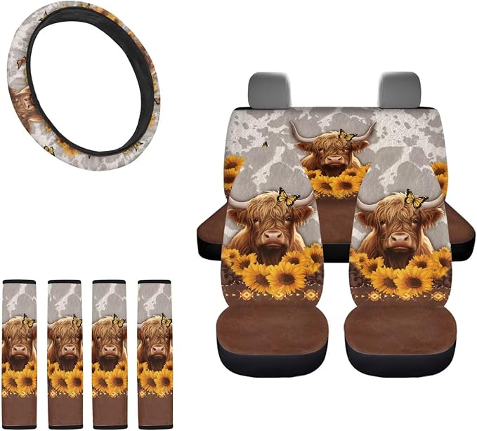 Highland Cow Printed Car Seat Covers with Steering Wheel Cover 4 Pack Seatbelt Pads Sunflower Print Auto Seat Protector Universal Fit Most Vehicles, Auto Accessories, Brown