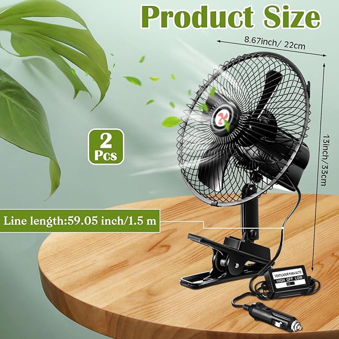 Tujoe 2 Pcs Portable Car Fan with Car Cigarette Lighter Electric Cooling 12 Volt Oscillating Fan 12 Volt Fan Automobile Vehicle 360 Degree Swivel Fan with Clip for Car Truck Supplies, Black (8 Inch)