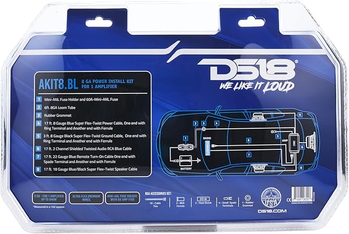 DS18 AKIT8.BL 8-GA Amplifier Installation Wiring Kit - Up to 840W Max, ANL Fuse Holder with 60A, Speaker & RCA Cables, CCA Amplifier Wiring Kit, Ultra Flex Wire, Amp Wire Kit 8 Gauge - Blue