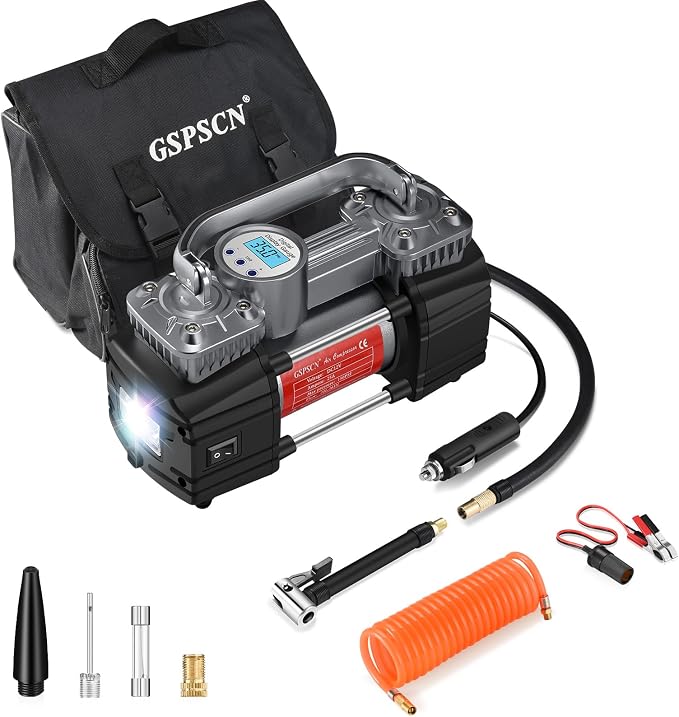 GSPSCN Heavy Duty Digital Tire Inflator 12V Portable Air Compressor Pump | 6X Faster Inflation Auto Shut-off Double Cylinders Metal Air Pump 150Psi with LED Light for Pickup,Truck,Car,Bicycles,RV,SUV