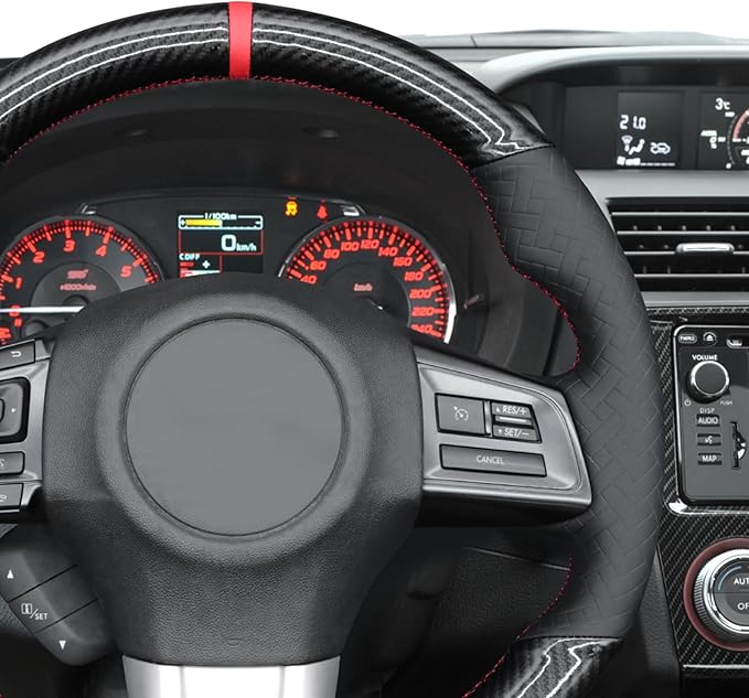 MEWANT DIY Black Shiny PU Carbon Fiber Woven Embossed Faux Leather Steering Wheel Cover for Subaru WRX STI 2015-2021