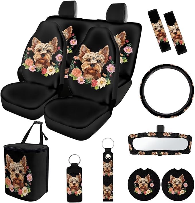 Suobstales Yorkshire Daisy Print Car Seat Cover 13 Sets Auto Seat Cover Protector with Steering Wheel Cover +Seat Belt Covers + Rearview Mirror Cover + Trash Can + Coasters + Keychains