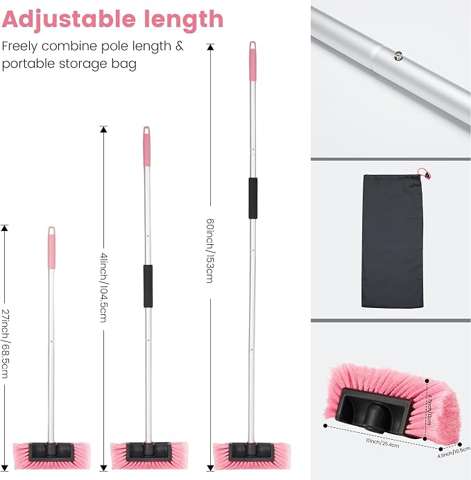 Car Wash Brush with Long Handle, 60'' Soft Bristle Cleaning Brush, Car Cleaning Brushes, Carwash Brushes for SUV, RV, Boat, Truck, House Siding, Sweep Snow,Pink
