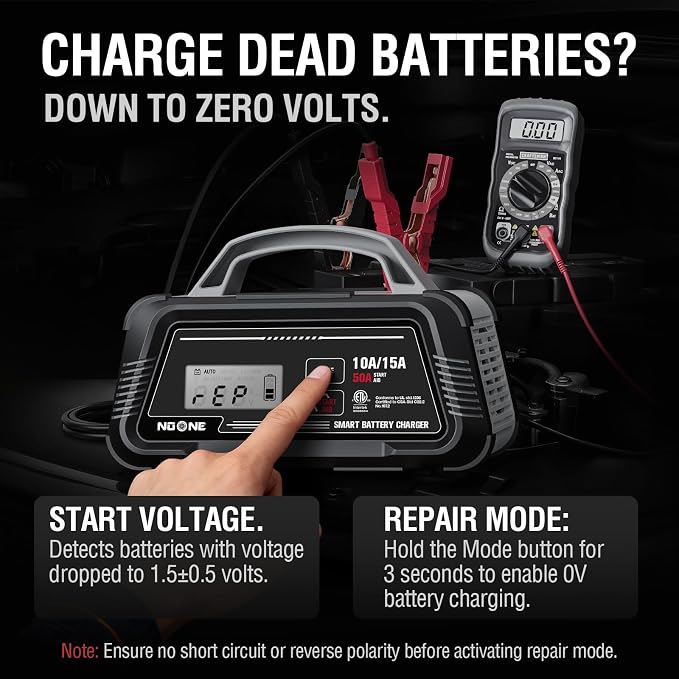 NOONE 10A/15A Smart Battery Charger and Maintainer - Fully Automatic 6V/12V Charger with 50A Engine Start, Auto Repair & Desulfation - Compatible with Lead-Acid, AGM, LiFePO4 Batteries