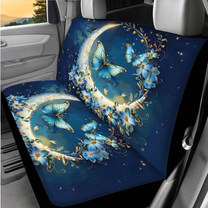 BIGCARJOB Moon Butterfly Car Seat Cover Full Set 15 Pieces Butterfly Print Car Interior Accessories Set with Steering Wheel Cover Car Trash Can Hanging Seat Headrest Covers for Womens