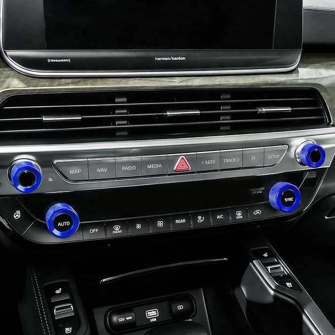 5PCS Aluminum Car Drive Mode Gear Shift Switch Cover,Radio Audio Volume Adjustment Knob Cover,AC Switch Button Knob Cover Compatible with Kia Telluride 2020-2025 Accessories (Blue)