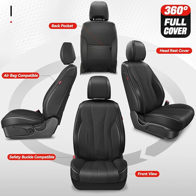 Auto Dynasty Car Seat Covers Full Set, Anti-Slip Automotive Interior Covers with Storage Pocket, Breathable Car Seat Protectors, Airbag Compatible, Universal Fit Most Vehicles, Black (Touring Series)