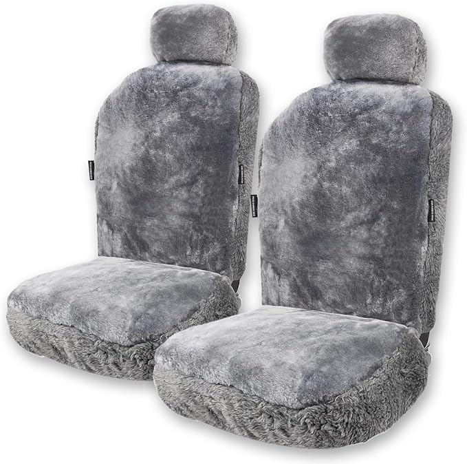 ZONETECH Sheepskin Seat Covers Fuzzy Car Seat Covers Grey Australian Merino Wool Fluffy Fur Auto Accessories All Season Protection for Your Seats Universal Fits Most Car SUV Airbag Compatible 2- Pack