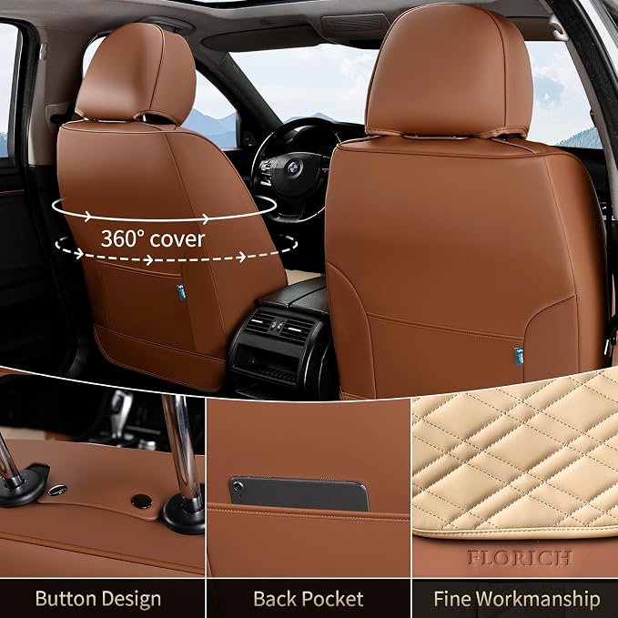 FLORICH Seat Covers, Atomutive Car Seat Covers Full Sets, Waterproof Seat Cover for Cars, Luxury Leather Universal Seat Cover Accessories Fit for Most Cars SUV Truck Sedans(Beige)