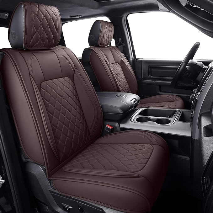 Aierxuan Seat Covers for Dodge Ram Custom Fit 2009-2026 1500 2500 3500 Truck Pickup Crew Quad Regular Cab Waterproof Leather Airbag Compatible Cushion(2 PCS Front/Brown)