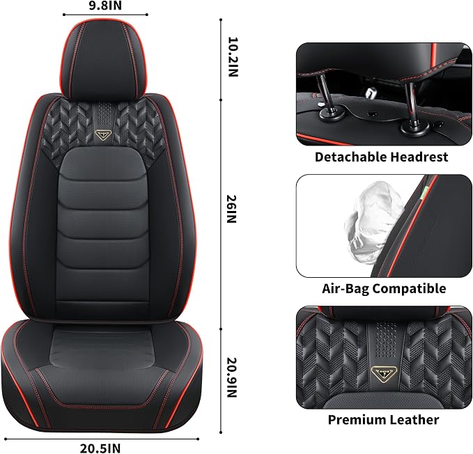 FLORICH Seat Covers Full Set,Leather Seat Covers, Front and Rear Seats Cover 5 Seats, Waterproof Car Seat Cushion Protector Accessories for Sedan SUV Pick-up Truck(Black&Red line, Full Set)