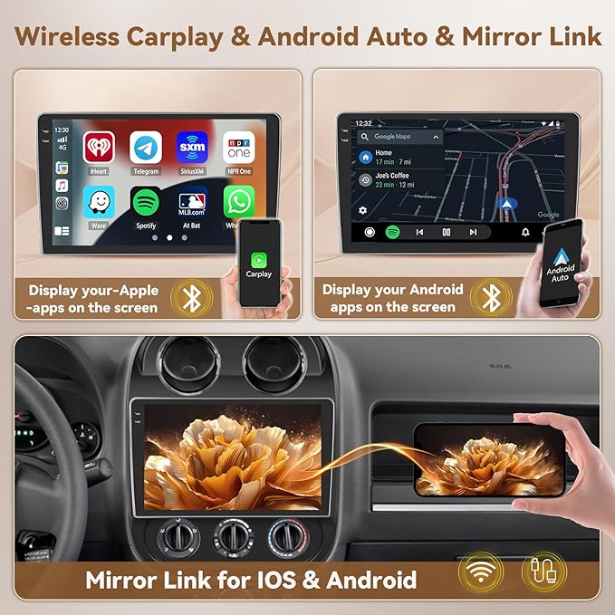 [4+128G] Hikity Android 15 Car Stereo for Jeep Compass Patriot 2010-2016 Wireless Carplay Android Auto, 10'' in-Cell Touchscreen Radio 5G WiFi Bluetooth 5.0 Mirror Link GPS SWC FM/RDS/EQ Backup Cam