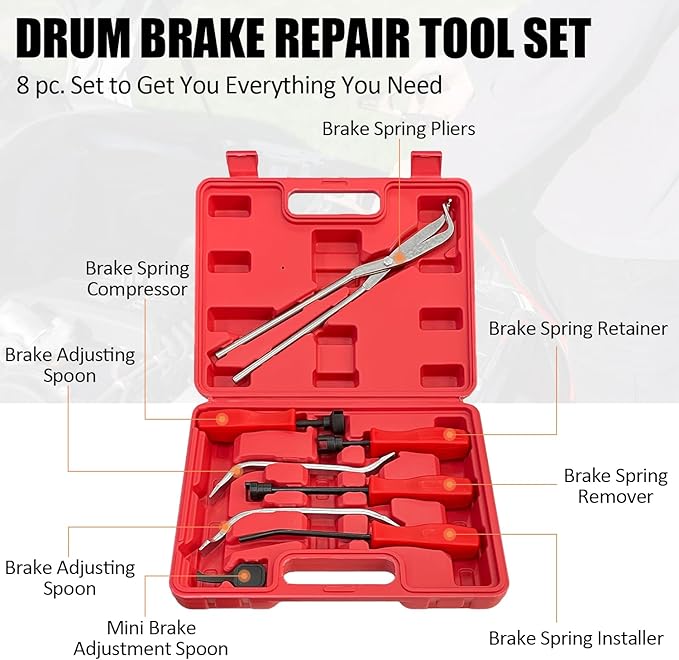8 Piece Drum Brake Tool Kit, Universal Drum Brake Repair and Adjustment Tool Set, Brake Spring Installer Remover Plier Tools Set for Auto Drum Brakes Systems