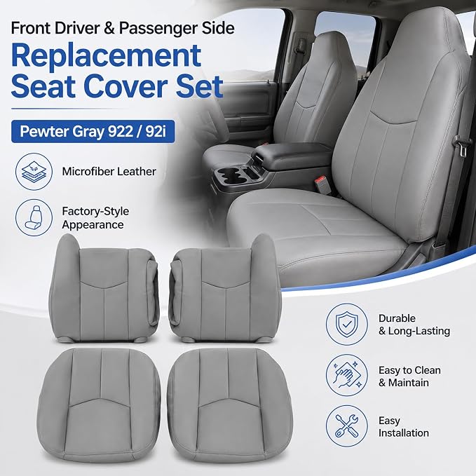 4PCS Driver & Passenger Bottom & Top Lean Back Leather Seat Covers Light Gray #922 or 92i Compatible with Chevy Silverado Suburban Avalanche GMC Sierra Tahoe Yukon 2003 2004 2005 2006