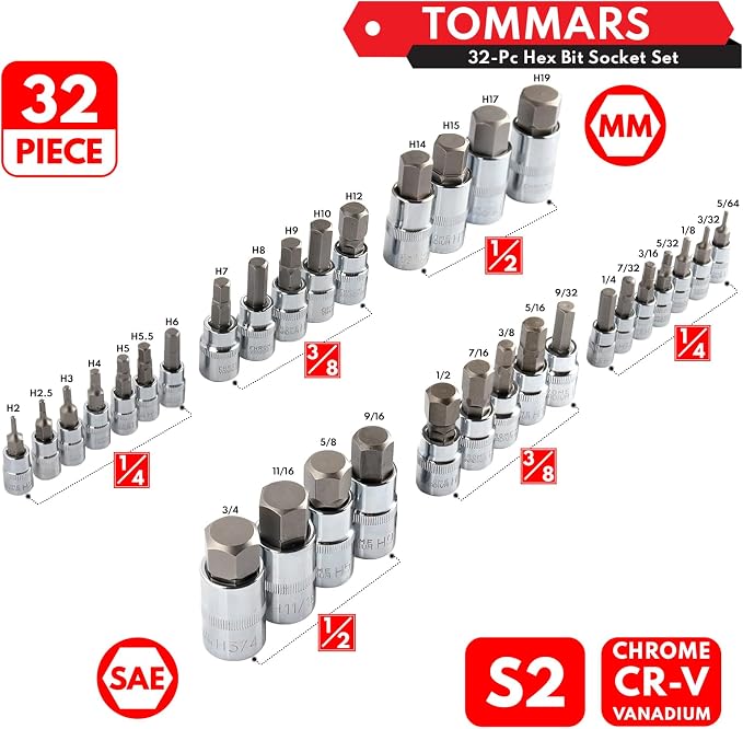 32 PCS SAE & Metric and 15 PCS Long Metric Master Allen Hex Bit Socket Set
