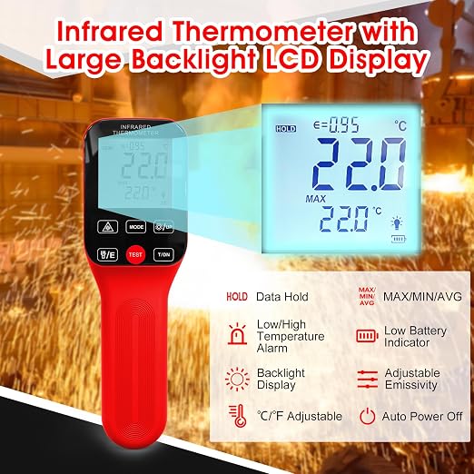 Pyrometer 30:1 Infrared Thermometer-58℉~2912℉, Non-Contact Thermometer, Rechargeable Laser Temperature Gun with LCD Display, Adjustable Emissivity for Grill, Engine, forging (Not for Human)