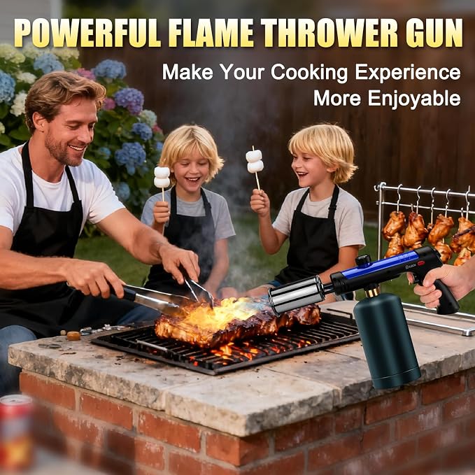 Torch Gun with One-Touch Max Fire, Flame Thrower with Safety Lock, Blow Torch Gun for BBQ, Grill, Charcoal Lighter, Cooking Flamethrower for Camping, Outdoors (Tank Not Included)