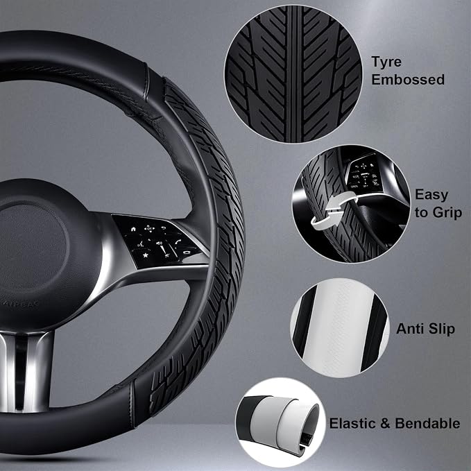 CAR PASS Universal Leather Sport car seat Covers&Leather Rubber Steering Wheel Cover Set,Equipped with Mobile Phone Holder and Non-Slip Cup Mat,Suitable for Steering Wheel 14.5-15” All Black