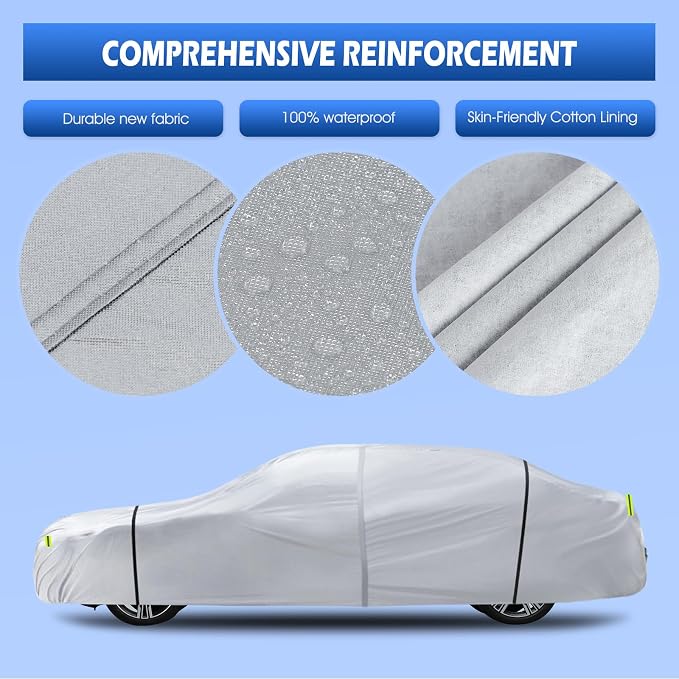 6 Layers Car Cover Waterproof All Weather for Automobiles, Size A4 Universal Fit for Dodge Charger, Lincoln Mkz, Rain Sun Hail Protection with Door Zipper (199-208 inch), Silver