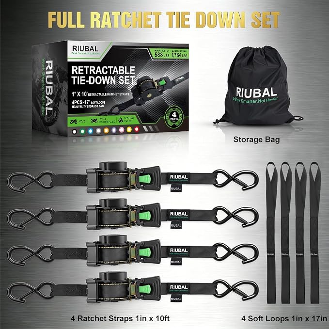 Retractable Ratchet Straps (4-Pack) - 1 Inch x 10 Feet (1,764lb Break Strength) - Auto Self Retracting Tie Down Straps Heavy Duty for Motorcycle, ATV, UTV, Truck, Cargo Trailer - Black
