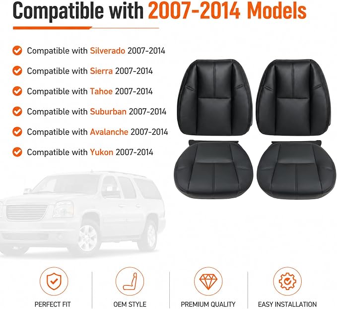 #193 Black Driver＆Passenger Side Bottom Seat＆Top Lean Back Leather Covers Compatible with Chevy Silverado Suburban Avalanche/GMC Sierra Tahoe Yukon 2007 2008 2009 2010 2011 2012 2013 2014