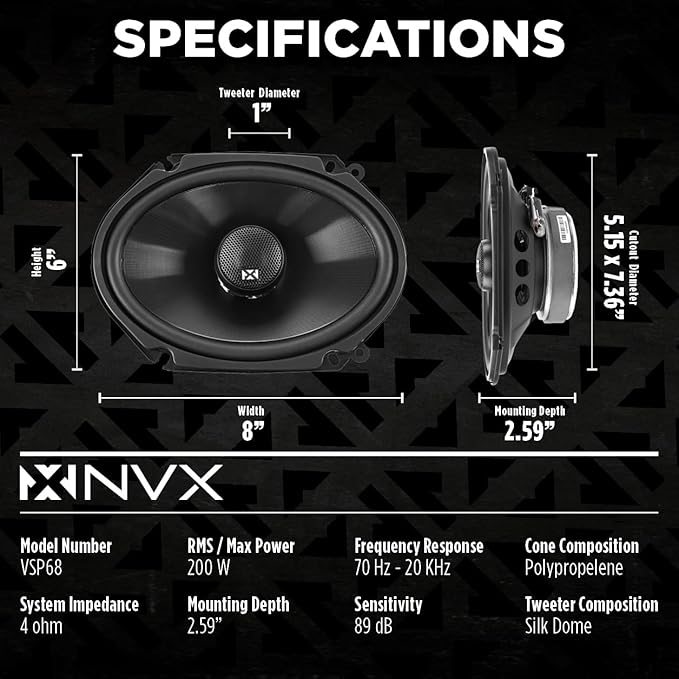 NVX VSP68 600W Peak (200W RMS) 6x8 V-Series 2-Way Coaxial Speakers with 25mm Silk Dome Tweeters