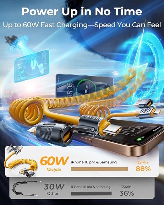 4-in-1 Coiled USB C Cable Light-ning Cable for Car [60W Fast Charging&Data Transfer] [CarPlay&Android Auto] Multi Charger Cord with Light-ning/Type C/USB A Multiple Ports for iPhone/iPad, 5ft