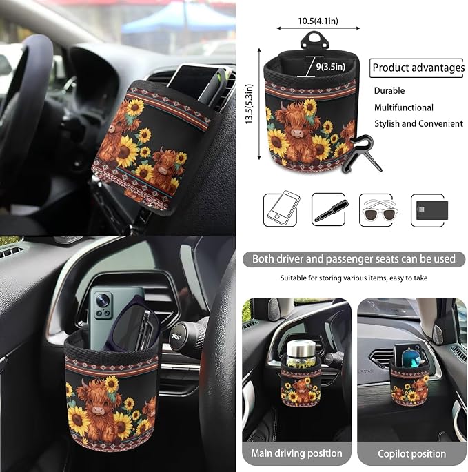 Aztec Tribal Geometric Pattern 15 PCS Interior Decoration for Car, Highland Cattle Sunflower Car Seat Covers Full Set Seat Belt Pads Coasters Car Trash Can Air Vent Storage Bag Keychain