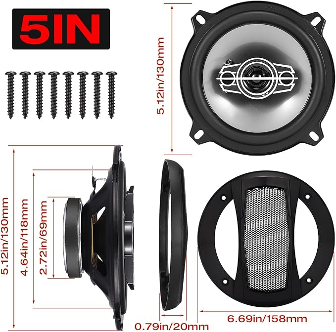 5 Inch 4-Way Car Coaxial Speakers, 300W Max 4Ohm Car Audio Speaker with PEI Dome Tweeters, Tweeters Vehicle Coaxial Speaker Compact for Car Truck Door Speakers Replacement (Pair)
