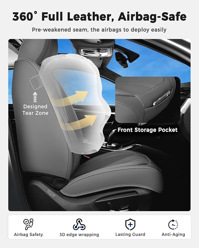 Huidasource Gray Seat Covers Luxury Nappa Leather, Car Seat Cover with Velcro Adjustable, Airbag, Lumbar Support, Cooling and Heating, Seat Covers for Universal Fit for Most Cars SUV Trucks, Gray