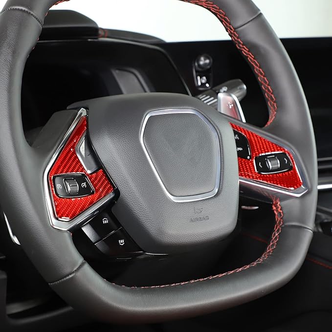 Steering Wheel Button Cover Compatible with Chevrolet Corvette C8 2020-2023, Steering Wheel Frame Trim, Car Steering Wheel Panel Protection Frame Molding Sticker (Red carbon fiber sticker)