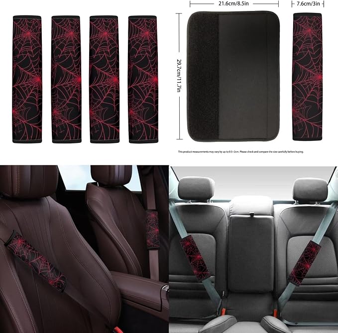 18Pcs Spider Web Auto Seat Cover Full Set Car Steering Wheel Protector+Handbrake Cover+Armrest Cushion+Seat Belt Cushion+ Headrest Protector+Car Coaster+Keychain,Red