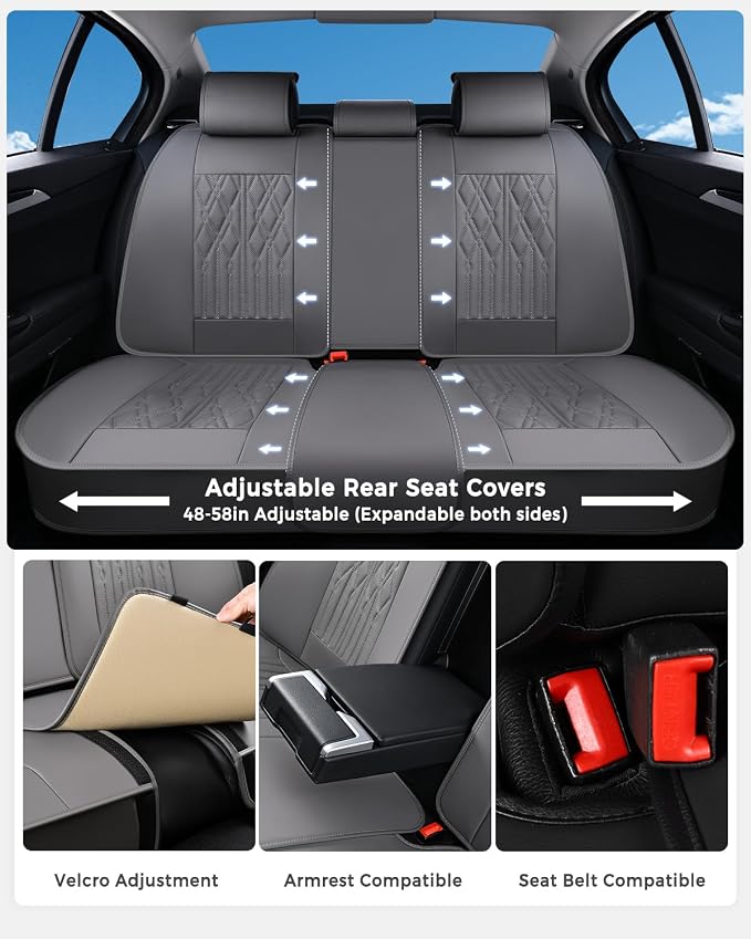 Huidasource Car Seat Covers Full Set, Leather Seat Cover Universal Fit for Most Cars Sedans SUVs Trucks, Airbag Compatible, Cup Holder Access, Easy Install, Wipes Clean, Wear-Resistant, Gray