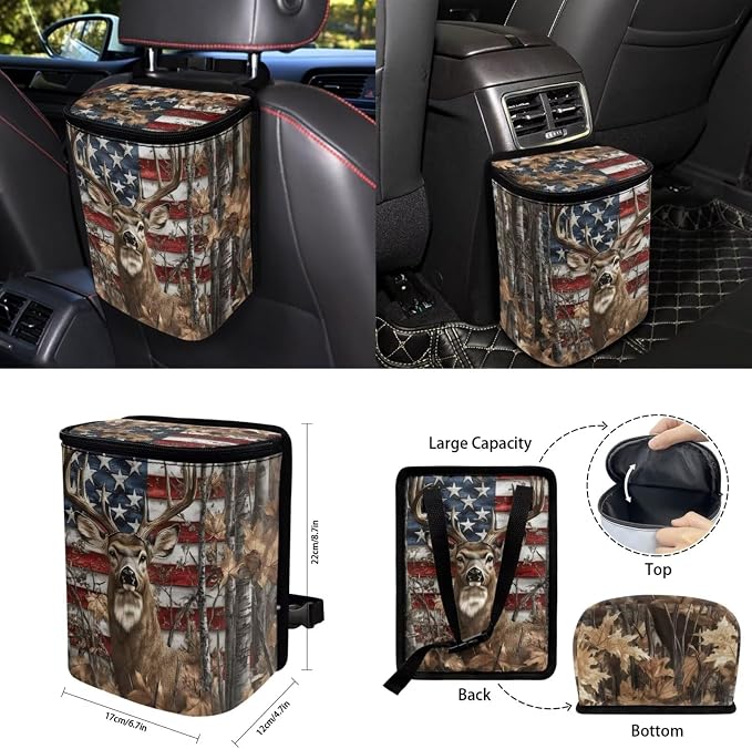15 Pcs American Flag Deer Car Seat Covers Full Set for Women Cute Car Accessories Interior Car Steering Wheel Cover Seatbelt Covers Trash Bin Rear View Mirror Cover Cup Holders Keychain