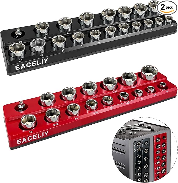 EACELIY 1/2" Magnetic Socket Organizer Set, 2-Piece SAE & Metric Socket Holder Kit,，Tools tray， holds 35 Deep and Shallow 1/2" Sockets, attaches to steel box/tool cart (sockets not included)