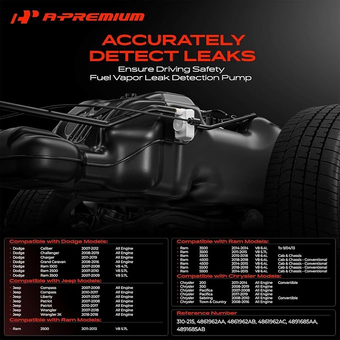A-Premium Fuel Vapor Leak Detection Pump Compatible with Jeep Wrangler, Compass, Patriot, Liberty & Dodge Charger, Caliber & Chrysler 200, 300, Pacifica, Sebring & Ram 2500 3500, Replace# 4861962AA