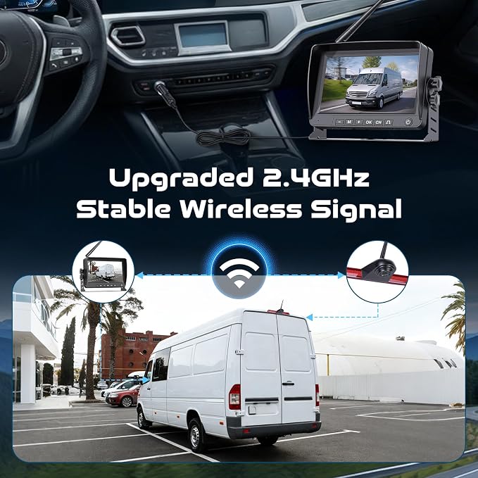 Wireless High Mount Backup Camera System for Mercedes Sprinter 2006-2019 with 7-Inch HD Monitor, Roof Mount Reverse Parking Camera, IR Night Vision, IP68 Waterproof