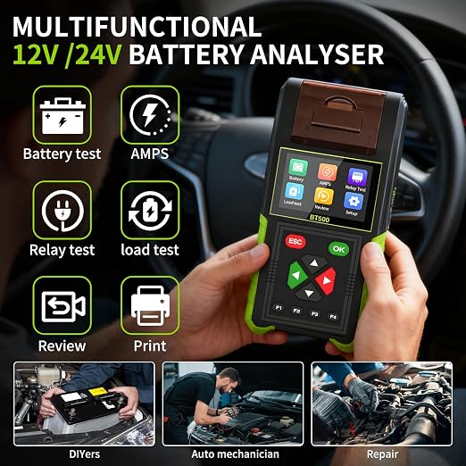 BT500 12V 24V Automotive Battery Tester with Printer - 20-2000 CCA Load Tester, Alternator/Relay/Leakage Tester for Car & Heavy Duty Truck
