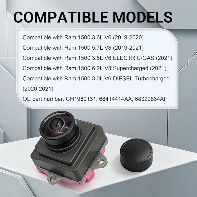Rear View Backup Camera, Reverse Parking Assist Camera Compatible with 2019-2021 Ram 1500 3.0L 3.6L 5.7L 6.2L Engine, Direct Fit Reversing Camera Replaces OE 68322864AF 68414414AA CH1960131