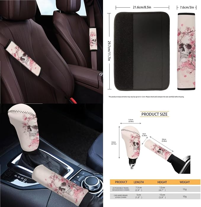 Skull Print Car Interior Cover Set of 14 Peach Blossom Print Front and Rear Split Bench Seat Covers with Steering Wheel Cover Center Console Pad Safety Belt Pads for SUV Truck Sedan