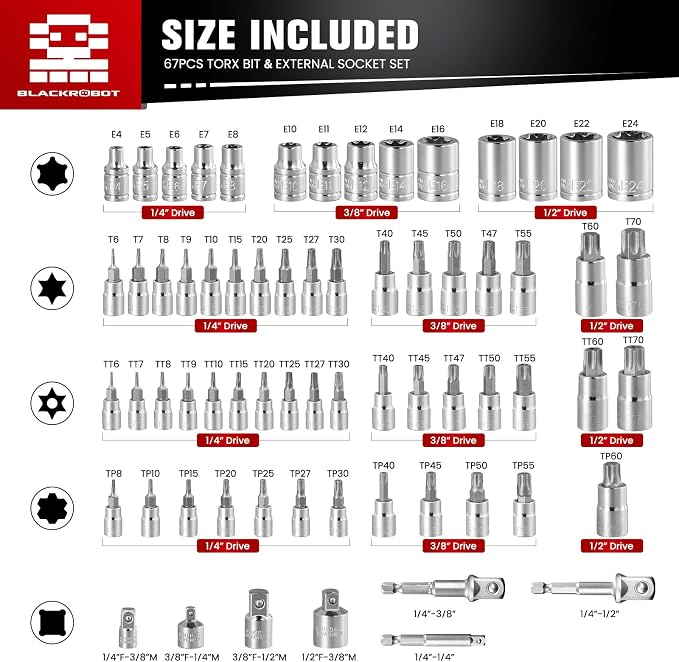BLACKROBOT 67-Piece Master Torx Bit Socket and E-Torx Socket Set + 14-Piece Torx Bit Socket Set T6-T60