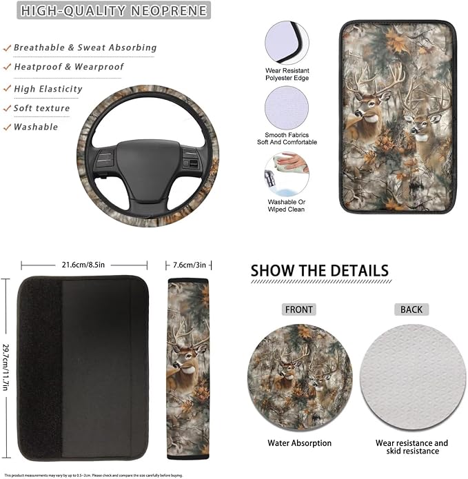 Lotusorchid Car Seat Covers Sets Full Set, Deer Print Front and Rear Split Bench Seat Cover Car Armrest Box Pad Car Headrest Cover Car Coaster, Washable Auto Accessories Full Set, Brown