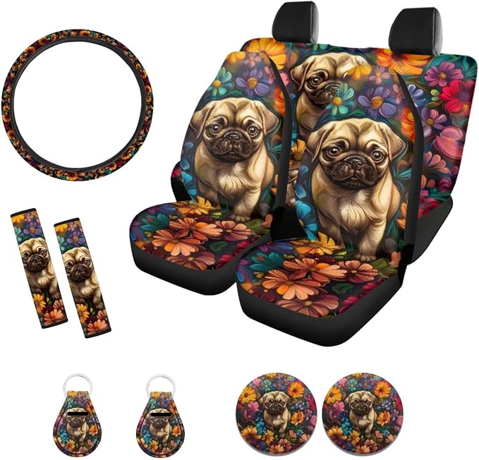 Xoenoiee Pug Dog and Flowers Pattern 11 Pcs Car Accessories with Front & Rear Auto Seats Covers, Steering Wheel Cover, Seat Belt Pads, Cup Coaster, 2 Pcs Keyrings - Universal Fit